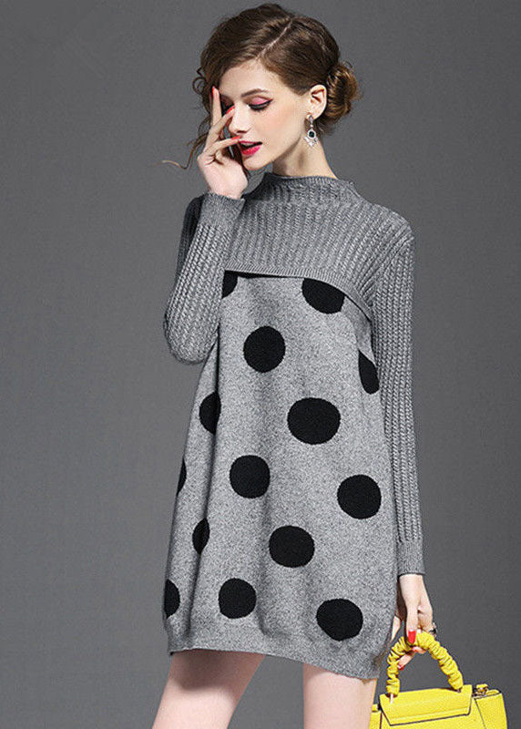 Diy Grey Turtle Neck Dot Print Long Knit Dress Long Sleeve
