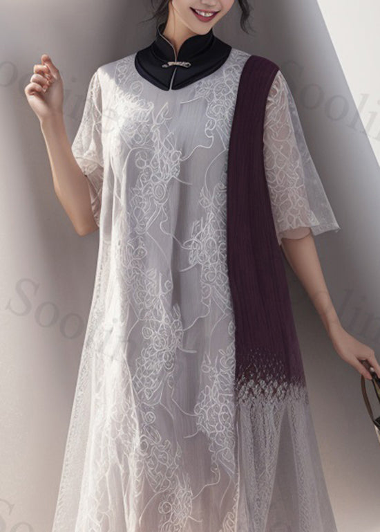 Chinese Style Colorblock Stand Collar Silk Dress Summer