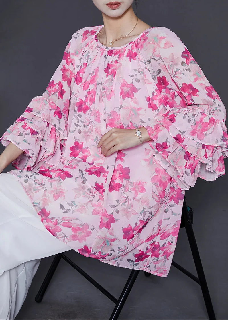 Pink Oversized Print Chiffon Shirt Top Flare Sleeve