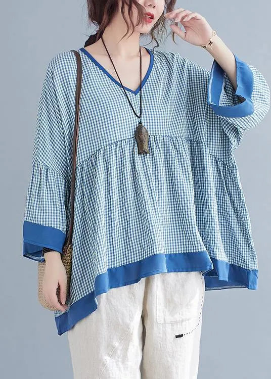 Fine Blue Plaid Patchwork Flare Sleeve Top Spring Summer
