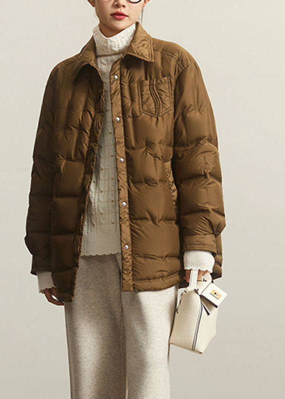 Coffee Peter Pan Collar Zippered Patchwork Button Duck Down Jackets Winter