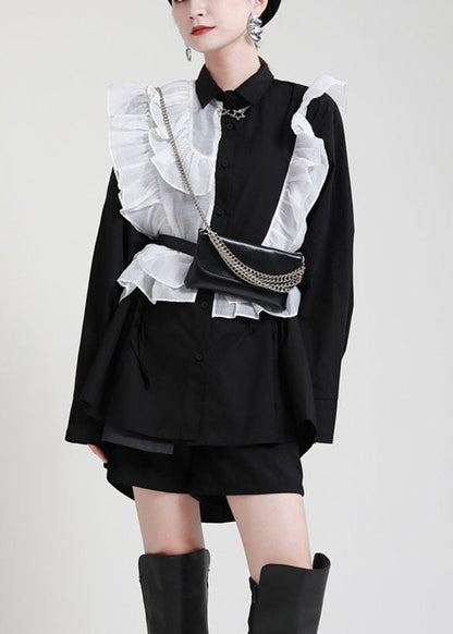 Stylish Black Peterpan Collar Button Ruffles Asymmetrical Design Fall Top Long Sleeve