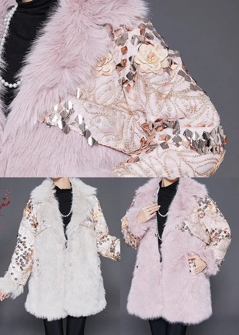 Pink Patchwork Faux Fur Coats Oversized Nail Bead Winter