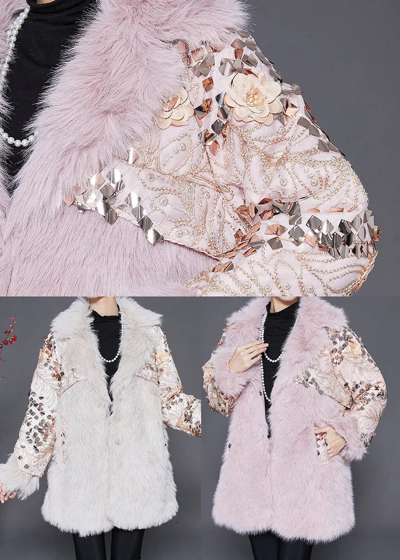 Pink Patchwork Faux Fur Coats Oversized Nail Bead Winter