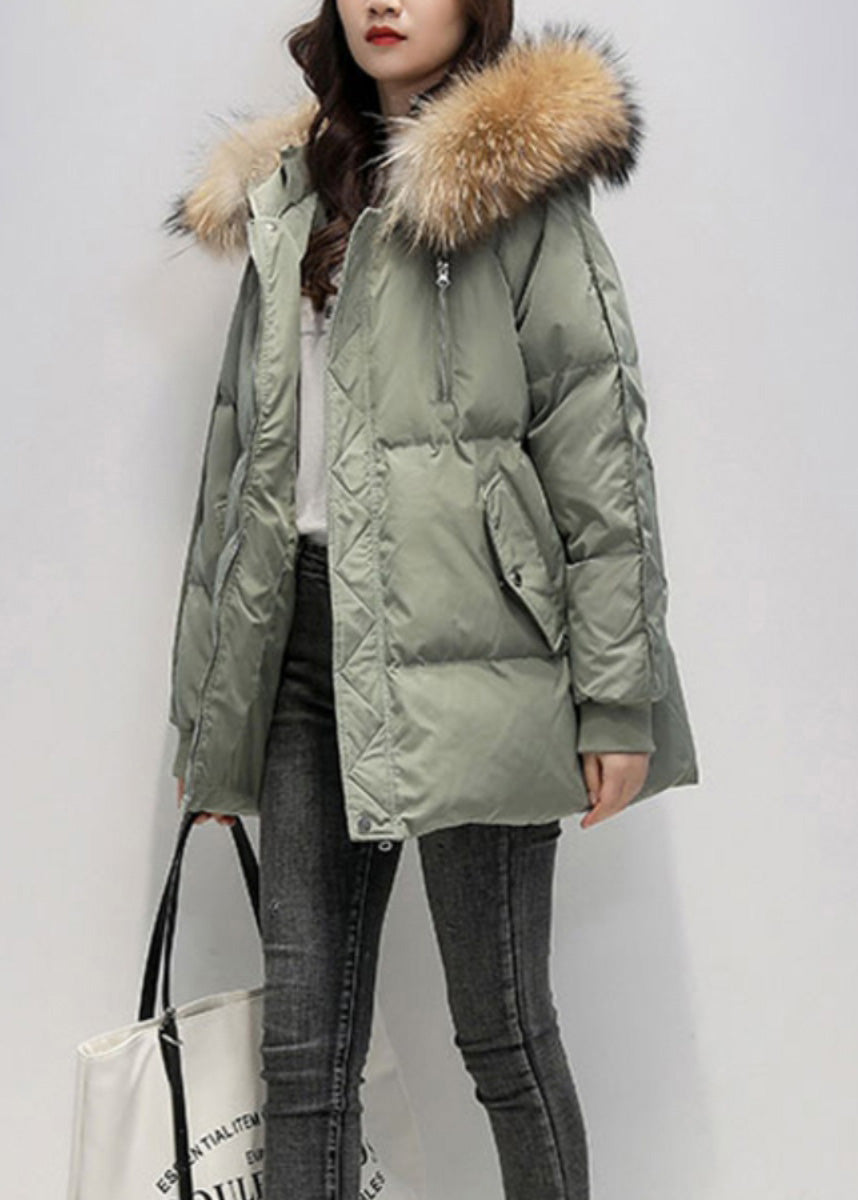Green Fur Collar Hooded Pockets Fine Cotton Filled Jacket Winter