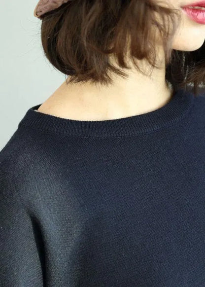 Diy Navy O-neck Sequins Embroideried Fall Knit Sweaters
