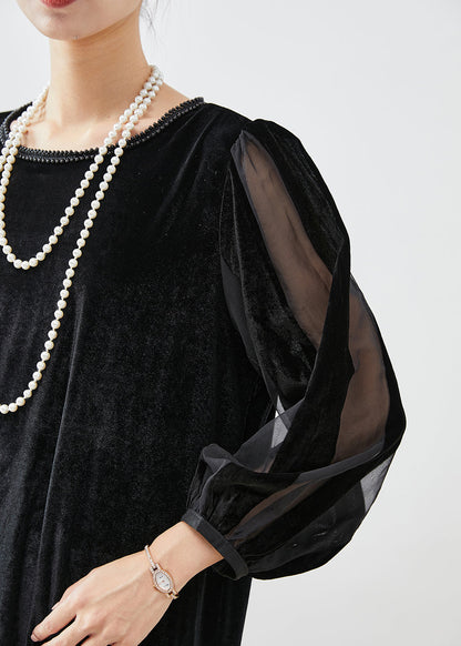 Black Hollow Out Patchwork Silk Velour Maxi Dresses Bracelet Sleeve Spring