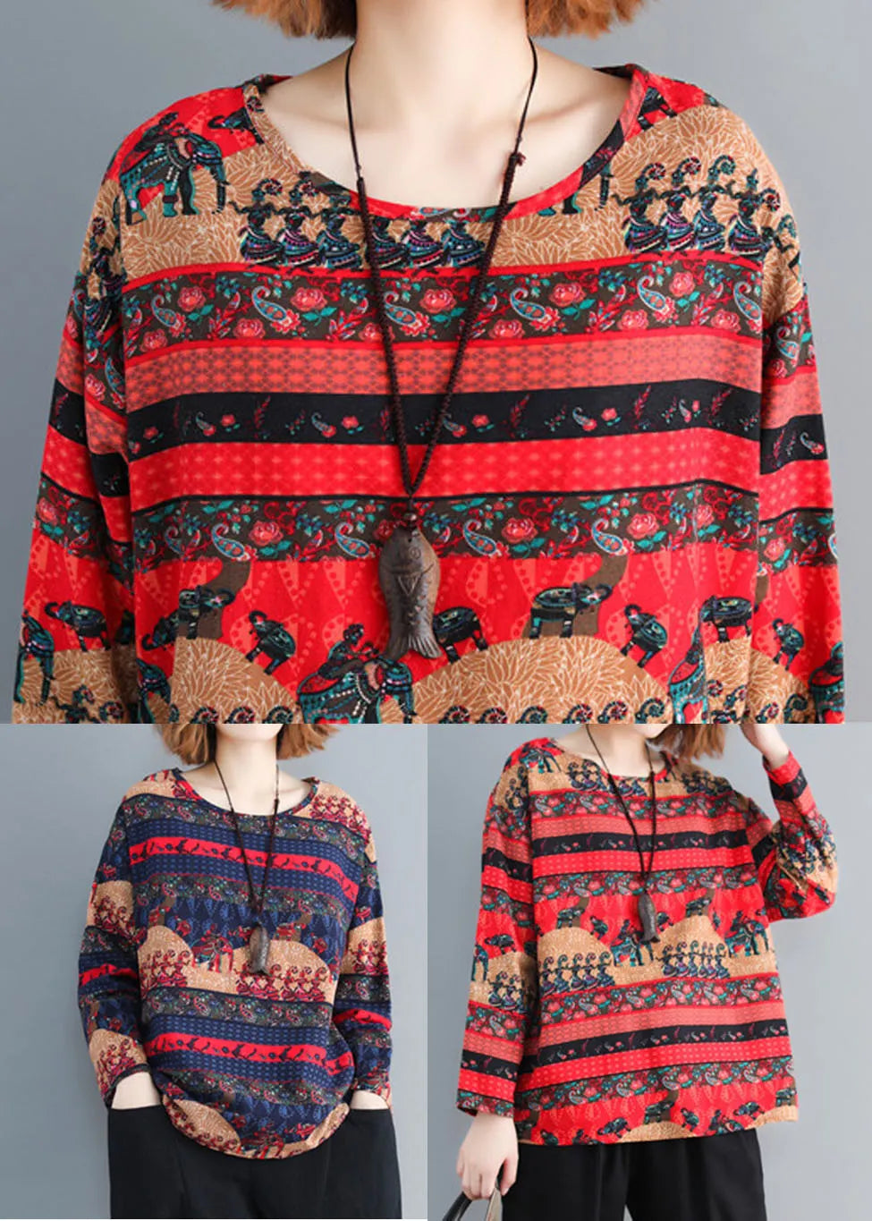 Navy Print Cotton Loose Tops O-neck Long Sleeve