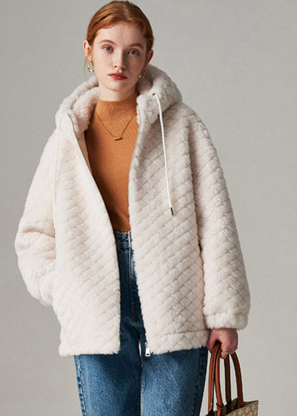White Zippered Faux Fur Hooded Coat Winter