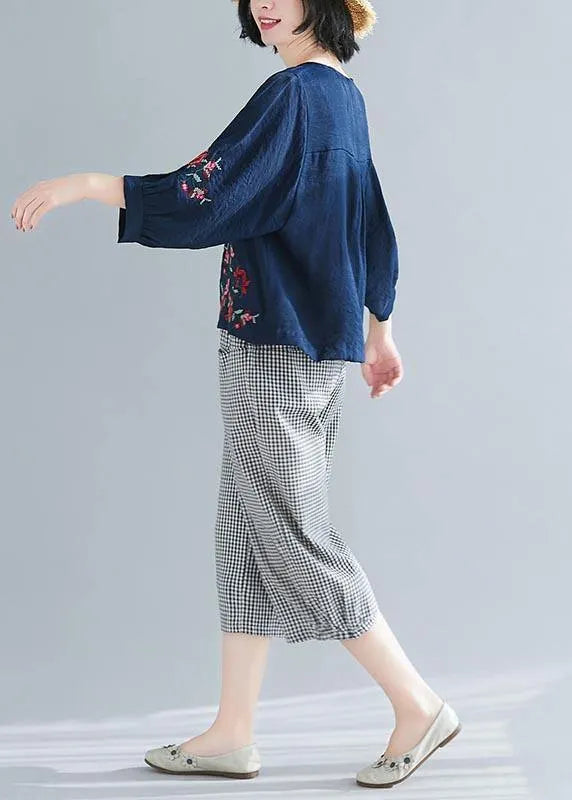 Summer Cotton Linen Navy O-neck Shirts