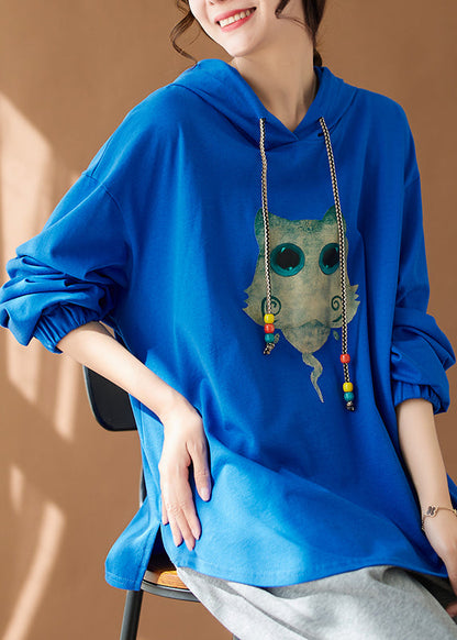 Blue Print Cozy Cotton Loose Sweatshirt Hooded Fall