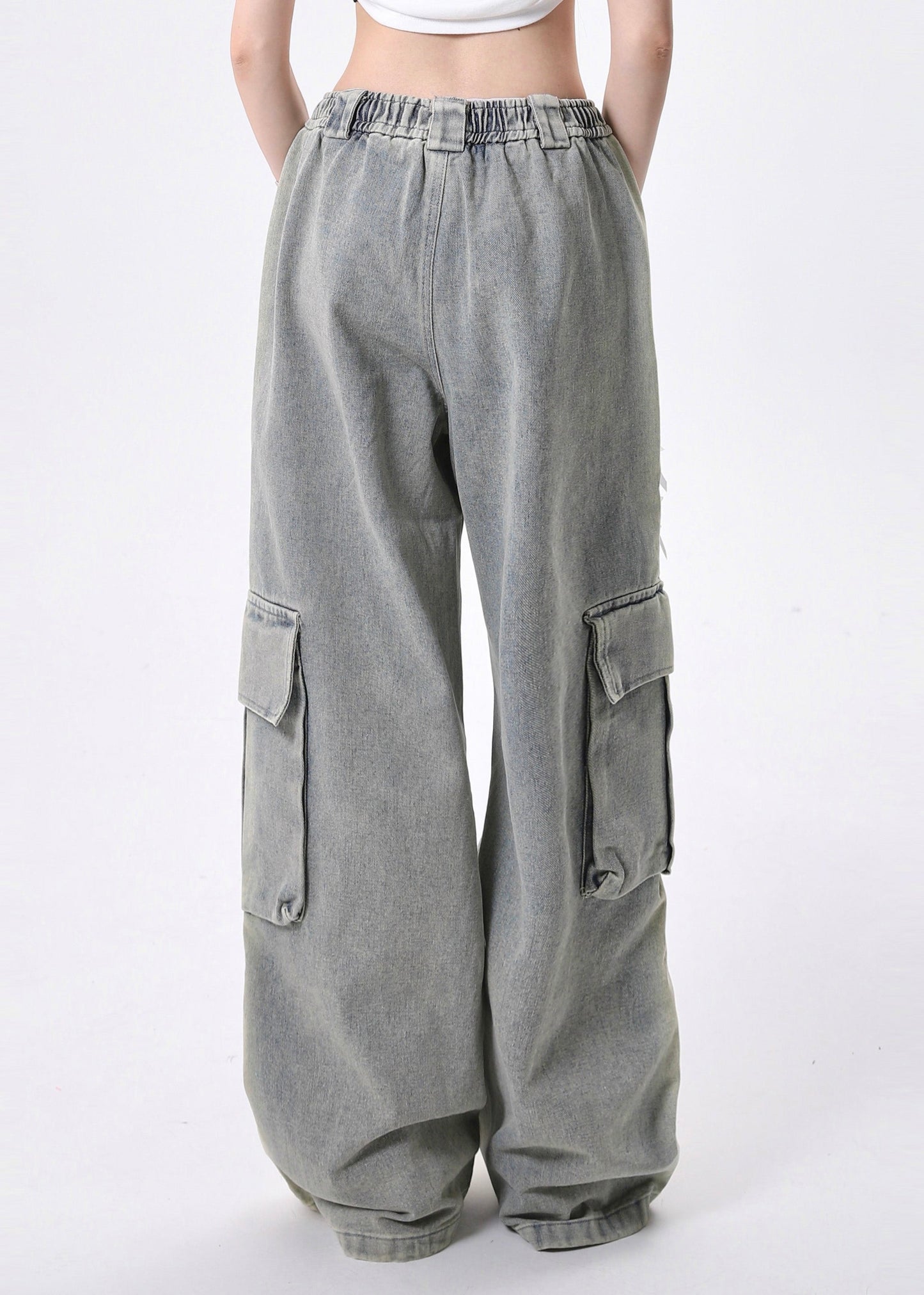 Modern Light Blue Elastic Waist Pockets Denim Pants Fall