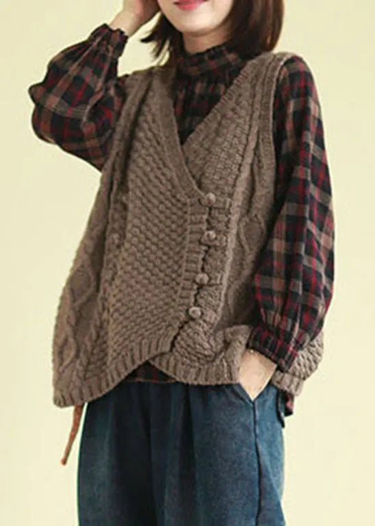 Organic Chocolate Asymmetrical Button Knit Tanks Sleeveless