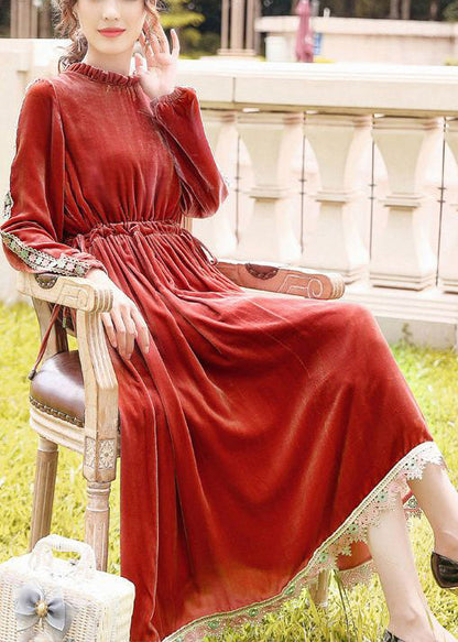 Orange Cinched Patchwork Lace Silk Velour Long Dress Spring