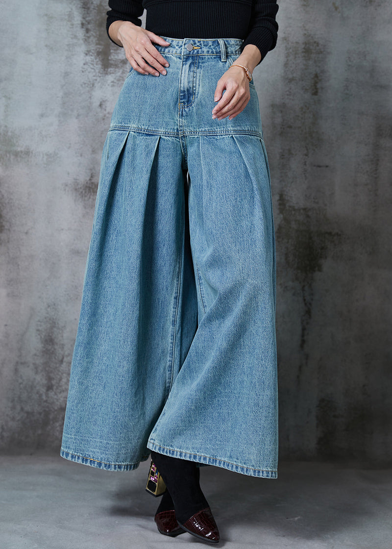 Blue High Waist Patchwork Denim Wide Leg Pant Skirts Summer