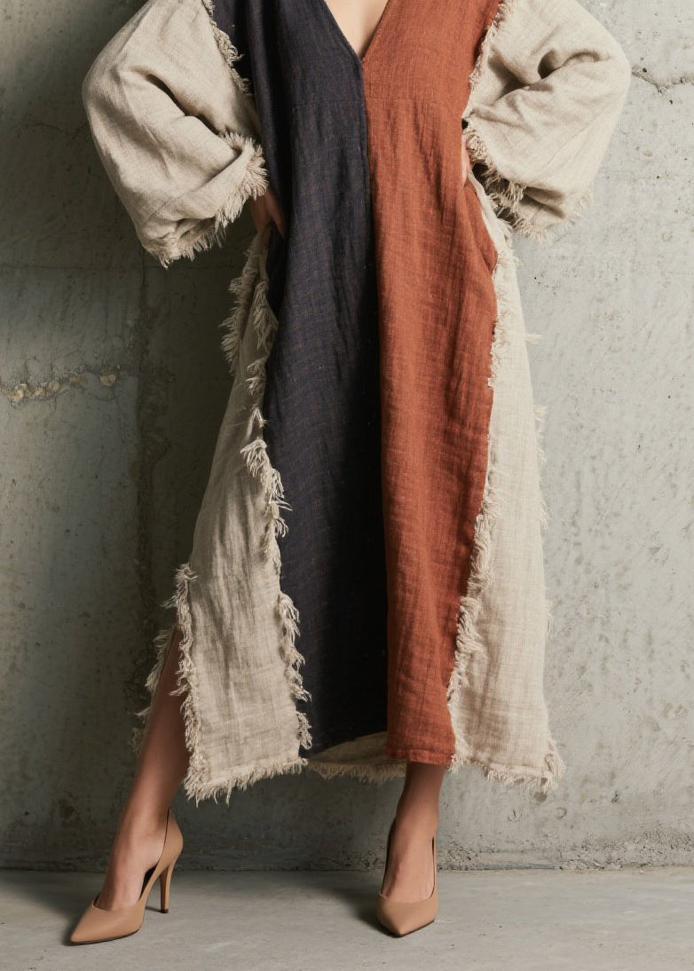 Colorblock V Neck Tassel Patchwork Cotton Dress Fall