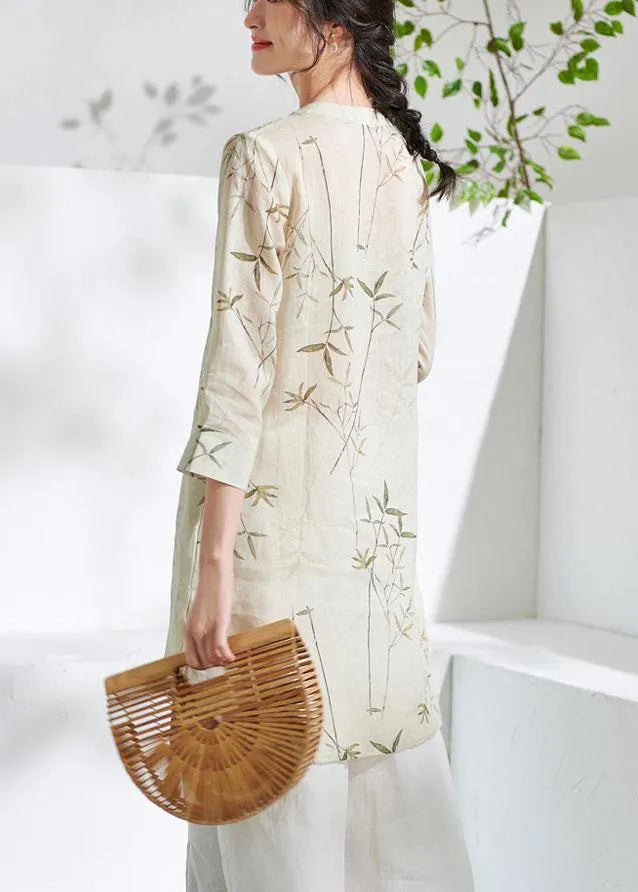 Natural Beige Print Button Summer Ramie Shirt Tops
