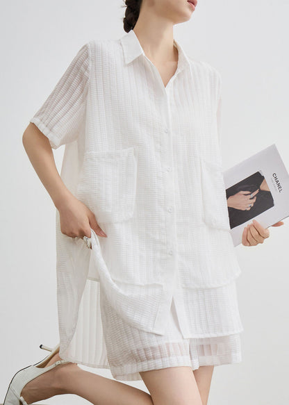 New White Peter Pan Collar Striped Cotton Two Piece Suit Set Summer
