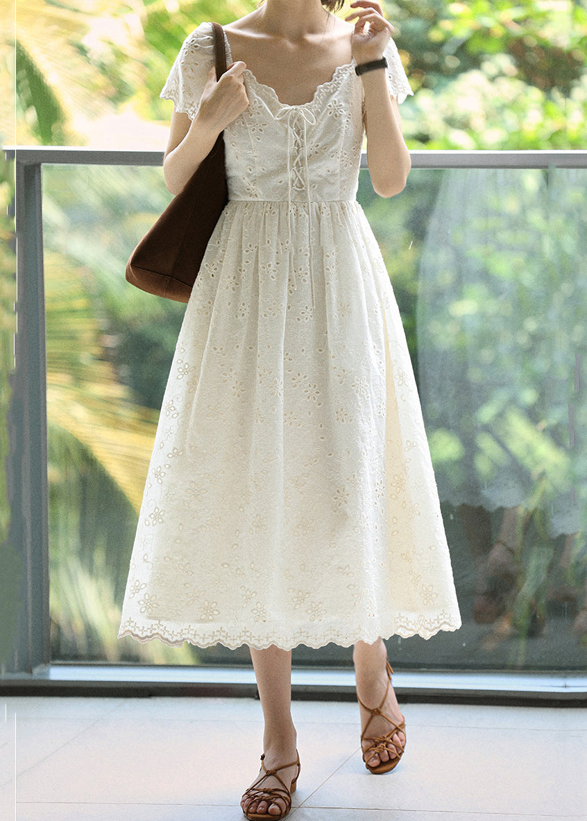 Beige Embroidered Lace Up Cotton Long Dress Summer