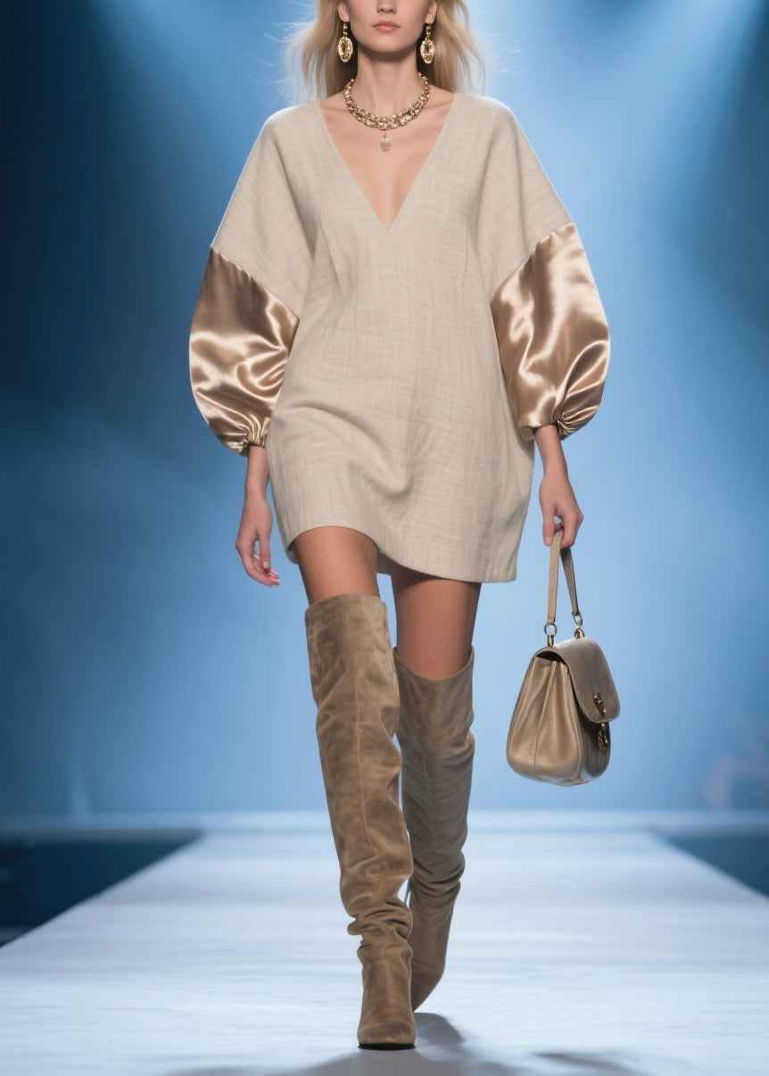 Champagne Color Silk Patchwork Oversized Linen Dress V Neck Spring