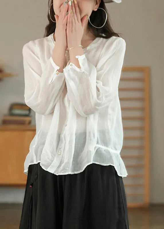 White Patchwork Ruffles Linen Shirt Top Three Quarter Sleeve