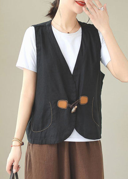 Loose Orange V Neck Button Linen Waistcoat Sleeveless