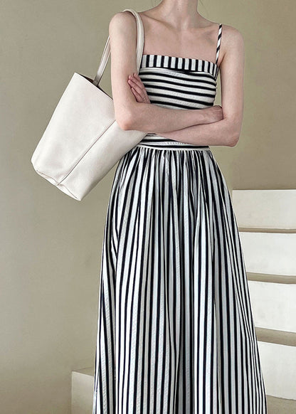 French Striped Cold Shoulder Wrinkled Spaghetti Strap Cotton Dress Summer