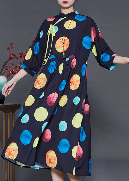 French Rainbow Print Mandarin Collar Silk Dress Summer