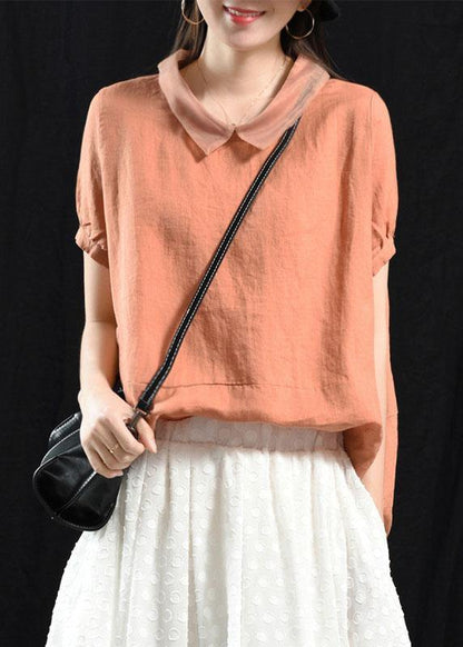 Green Patchwork Turn-down Collar Summer Short Sleeve Top