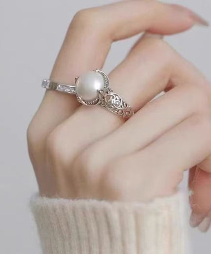 Silk Sterling Silver Pearl Hollow Out Rings