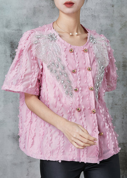 Diy Pink Tasseled Double Breast Chiffon Shirt Tops Summer