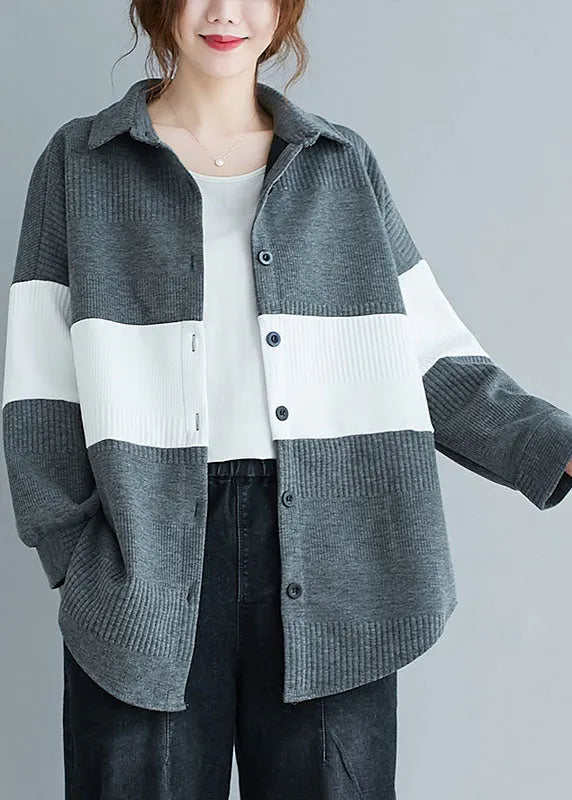 Grey Peter Pan Collar Button Patchwork Fall Shirt Top Long Sleeve