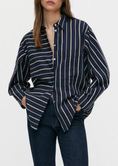 Black Striped Patchwork Low High Design Cotton Shirt Spring