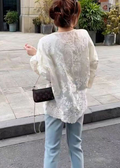 Beige O-neck Button Jacquard Chiffon Blouse Tops Spring
