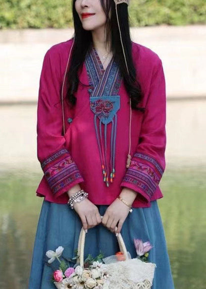 Organic Rose Tie Waist V Neck Embroideried Linen Shirt Spring