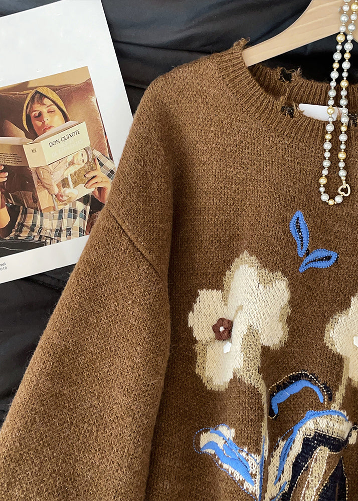 Jacquard Brown Hole Cozy Knit Sweater Spring