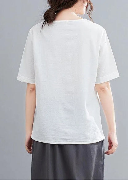 White O-neck Button Shirt Tops Summer Cotton Linen