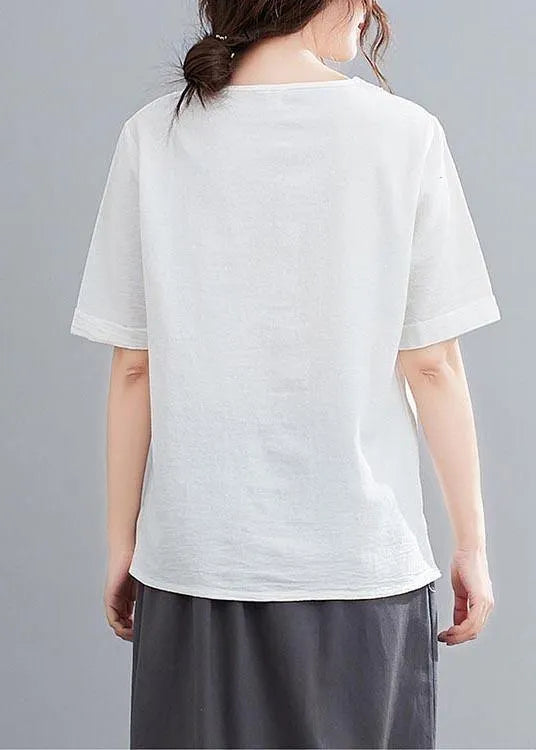 White O-neck Button Shirt Tops Summer Cotton Linen