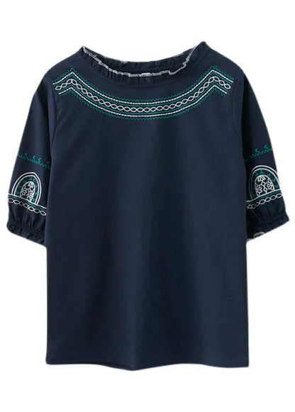 Navy Original Design Ruffled Embroideried Cotton Top Lantern Sleeve