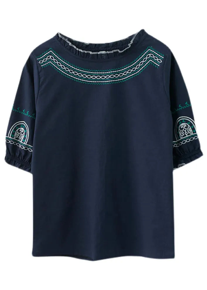 Navy Original Design Ruffled Embroideried Cotton Top Lantern Sleeve