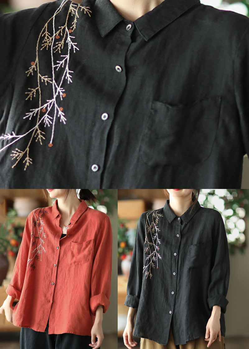 Black Peter Pan Collar Embroideried Linen Blouse Spring