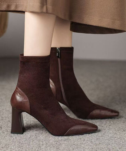 Brown Splicing Suede Chunky Heel Boots