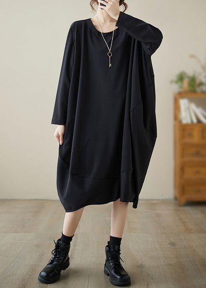 French Black O-neck Low High Design Cotton Dress Fall