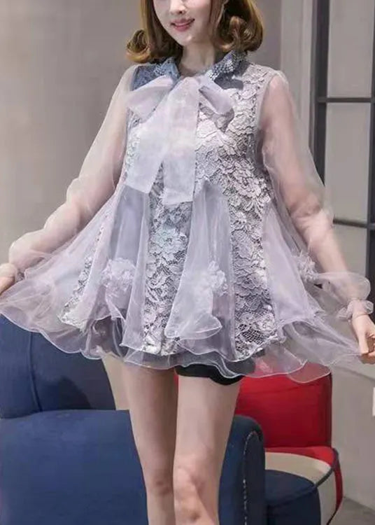 Stylish Silver Ruffled Patchwork Organza Tops Spring