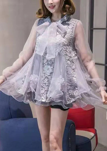 Stylish Silver Ruffled Patchwork Organza Tops Spring