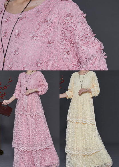 Pink Layered Lace Vacation Dress Spring