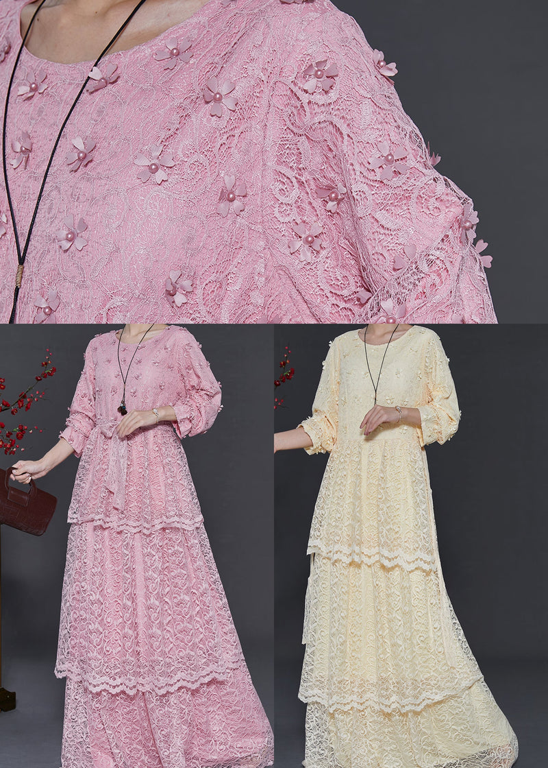 Yellow Layered Lace Party Dress Nail Bead Spring