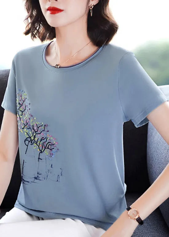 Italian Light Blue O-neck Embroideried Modal Cotton Tank Tops Short Sleeve