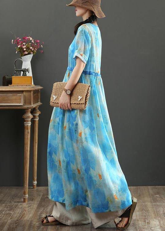 Fitted Blue Print Linen Tie Waist Summer Vacation Dresses