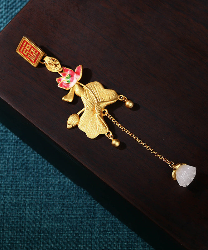 Gold Ancient Gold Jade Lotus Tassel Brooches